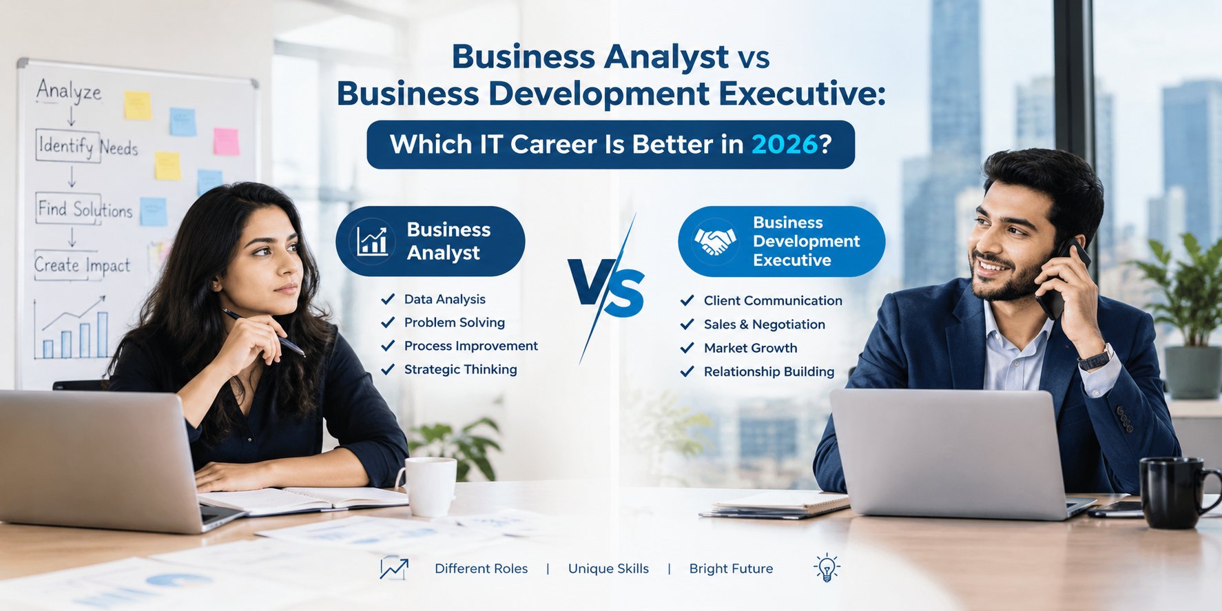 Business Analyst vs Business Development Executive: Compare IT career roles, skills, responsibilities, and career opportunities in 2026.