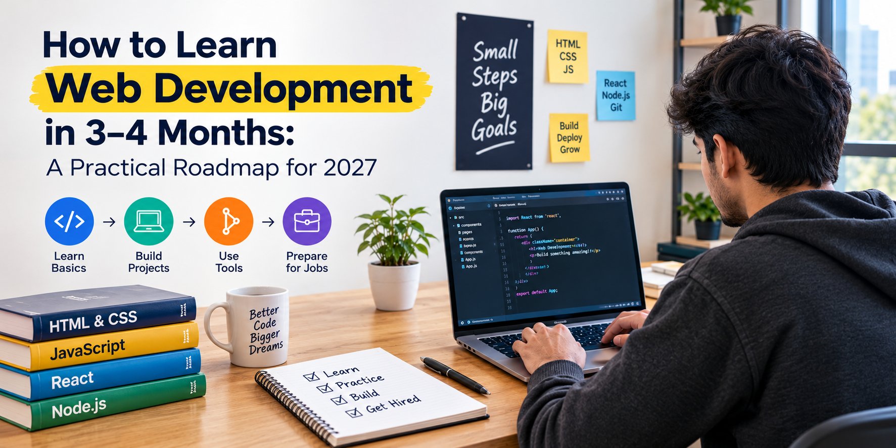 Web development roadmap for beginners learning HTML, CSS, JavaScript, React and AI-assisted coding in 3–4 months